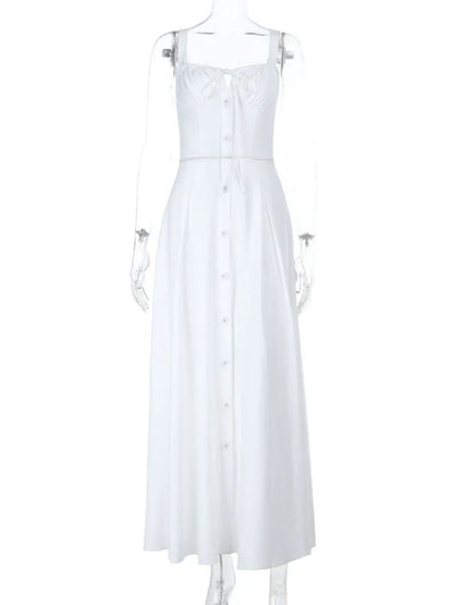 Women's Elegant White Lace-up Square Neck Spaghetti Strap Sleeveless Hollow Waist Slim A Line Long Vacation Summer Dress