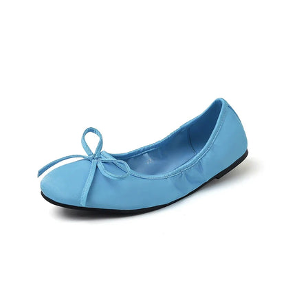 Woman Flats Satin Basic Style Round Toe Ballet Shoes Slip On Woman Soft Flats Spring Autumn Daily Bowtie Loafers