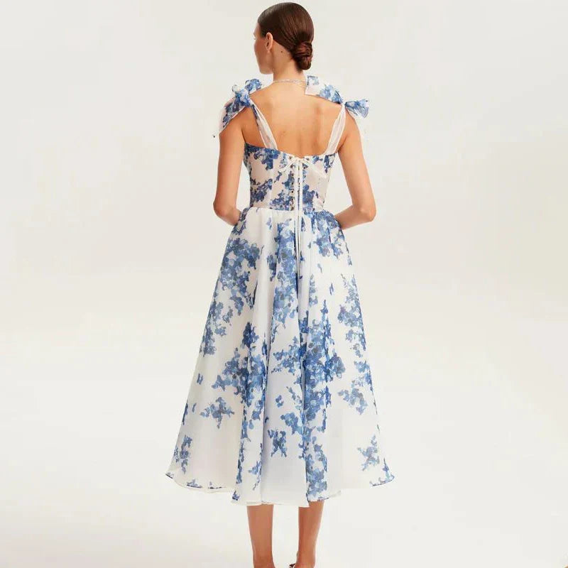 Floral Print Bow Shoulder Strap Sweetheart Corset Bodice Midi Dress