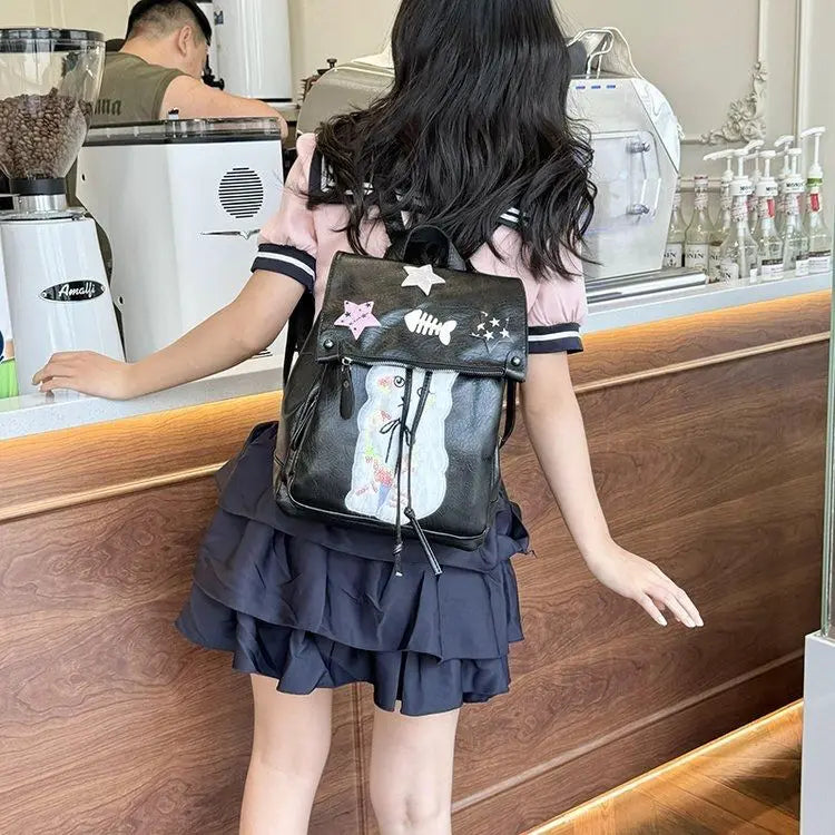 Soft Leather Star Y2K Academy Style Spicy Girl Backpack Fashion Causal PU Black Backpacks