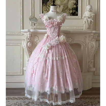 Summer New Women's Pink Green Flower Bow Slim Long Lolita Dress Coming-of-Age Birthday Banquet Princess Evening Dress