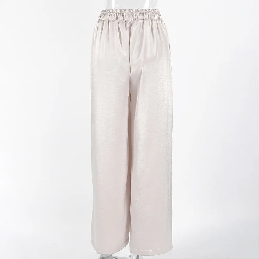 Women's Fashion Satin Pants Solid Vintage Lace Up Patchwork Loose Trouser Summer Elegant Casual Commute Female Trousers