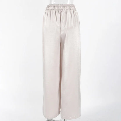 Women's Fashion Satin Pants Solid Vintage Lace Up Patchwork Loose Trouser Summer Elegant Casual Commute Female Trousers