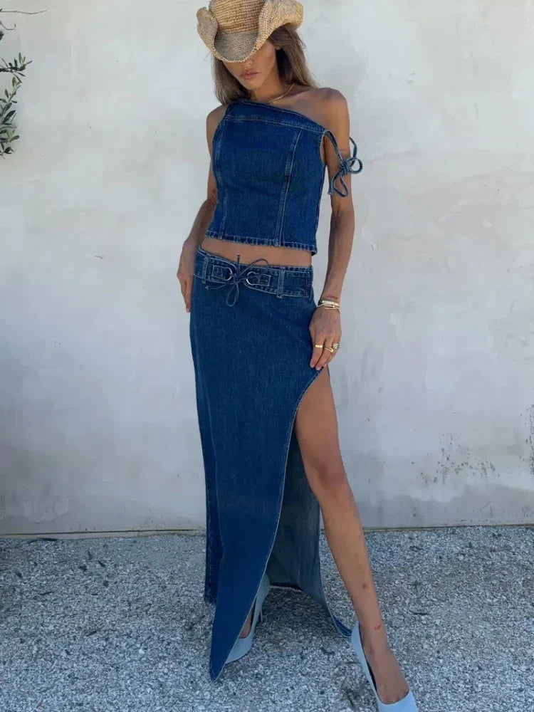 Classic Denim Shirt Slim Skirt Woman's Set Vintage One Shoulder Lace Up Tops A-lined High Waist Skirts Sets Female Chic Street