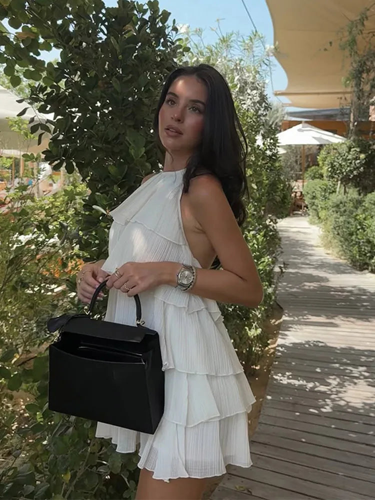 Women White Stacked Ruffle Mini Dress Elegant O-neck Sleeveless Backless A-line Halter Dresses 2025 Summer Lady Beach Vestido