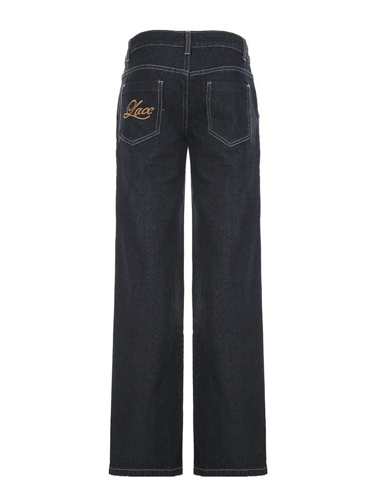 Basic Low Rise Straight Jeans Streetwear y2k Letter Embroidery Baggy Denim Pants Women's Trouser Vintage 2000s Mom Jeans