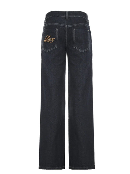 Basic Low Rise Straight Jeans Streetwear y2k Letter Embroidery Baggy Denim Pants Women's Trouser Vintage 2000s Mom Jeans