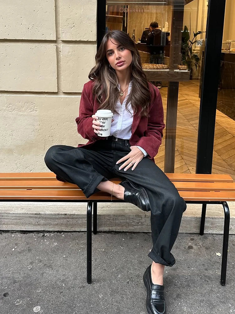 Wine Red Lapel Blazer Women Single Breasted Patchwork Long Sleeve Jackets New Elegant Chic Street Casual Commute Jacket 2025