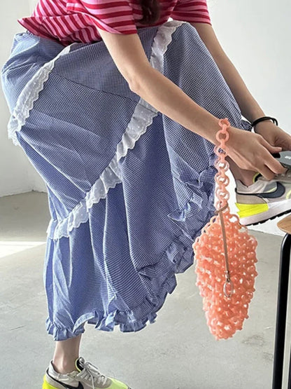 Ruffle Midi Long Skirts Womens Maxi Skirt Goth Lolita Summer Elastic Waist High Low Splice Lace Plaid Skirt rok
