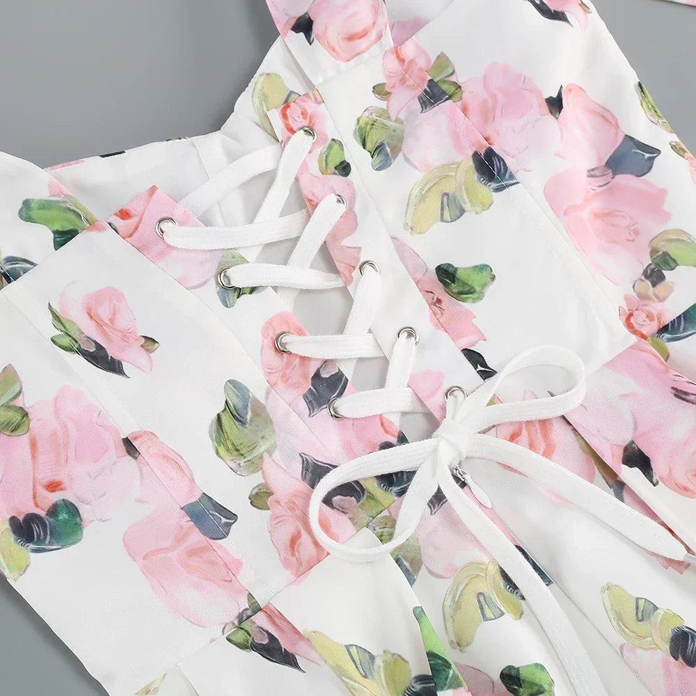 Floral Print Bow Shoulder Strap Sweetheart Corset Bodice Midi Dress