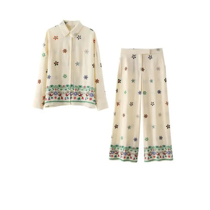 Holiday Embroidery Floral Shirts Women Blouses Suit Tops Two Piece Sets with Button 2024 Summer Vintage Elegant Woman Pant Suit