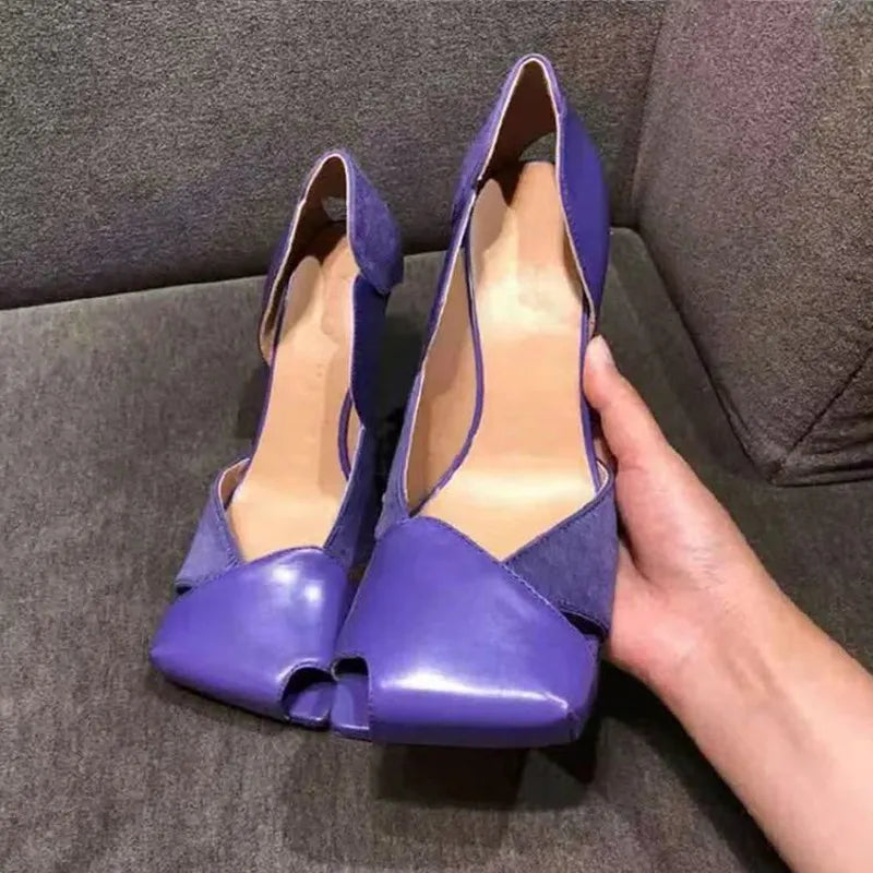 Vintage Square toe Patchwork Hollow out Women Pumps Spring Summer Fashion Patent Leather Slip-on Thin High heels Party Shoes
