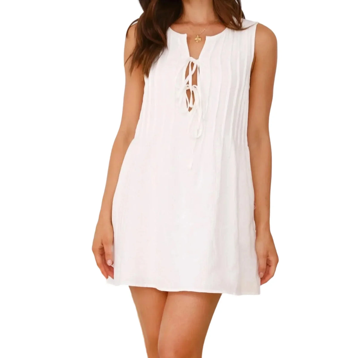 Women s Casual Sleeveless V-Neck Mini Dress with Front Tie Detail and Pleated Skirt for Summer Beach Party