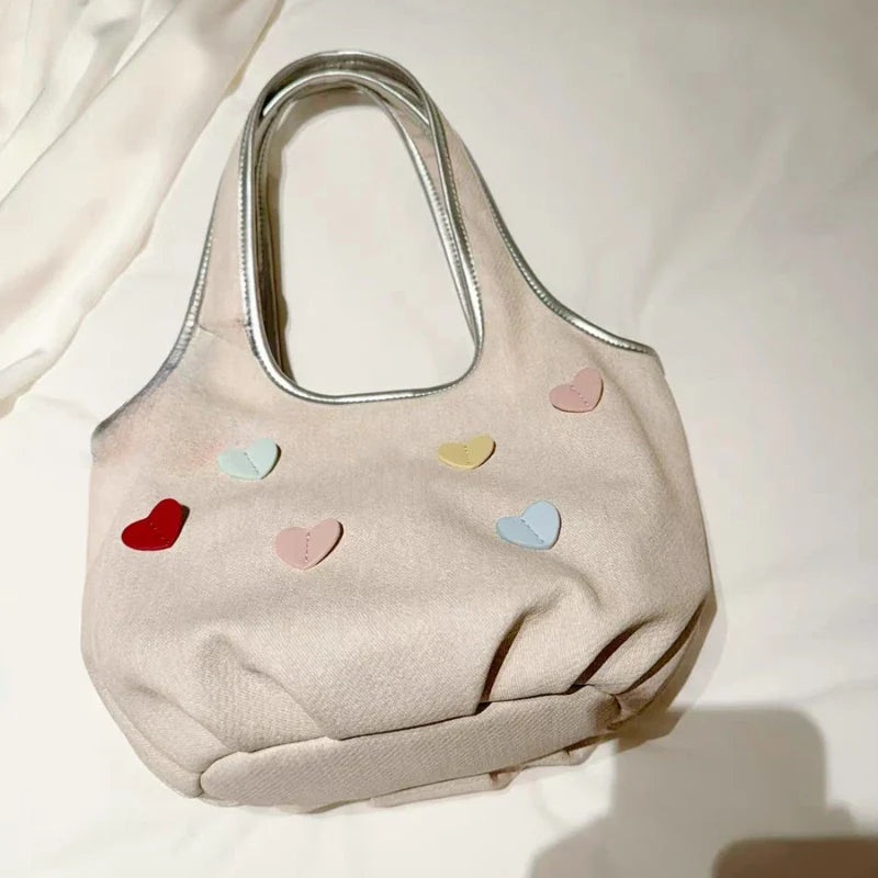 Sweet Y2k Aesthetic Heart Top-Handle Bags Kawaii Cute Fashion All Match Shoulder Underarm Bag Casual Shopping Purse and Handbags