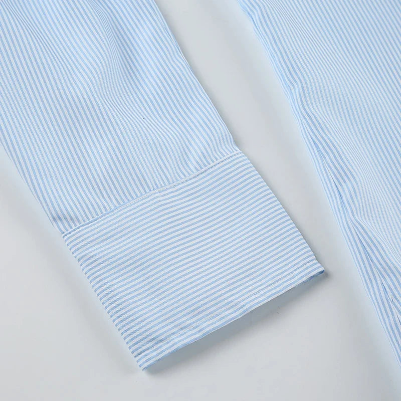 Blue Minimalism Boyfriend Stripe Shirts Women Single Breasted Turn Down Collar Long Sleeve Casual Loose Leisure Simple Clothes