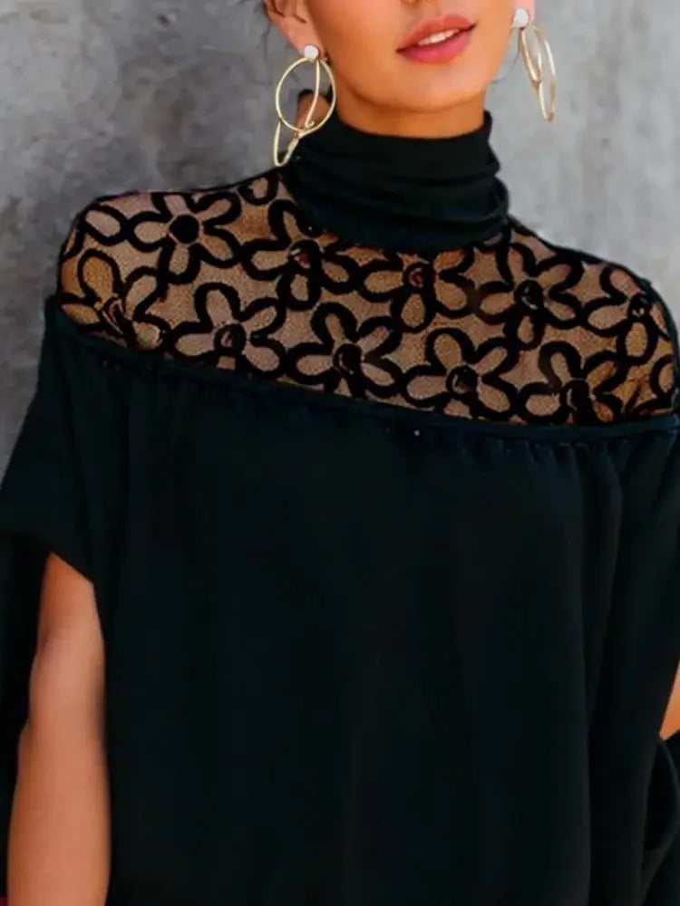 Female Elegant Embroidered See-Through High Neck Tops New Spring Summer Solid Color Loose Casual Fashion T-Shirts