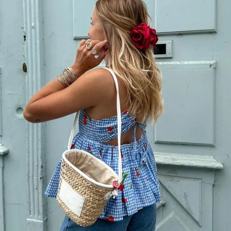Backless Tie Up Crop Tops Cherry Plaid Print Peplum Camisole Summer Holiday Sweet Cute Milkmaid Tank Vest Y2K Clothes