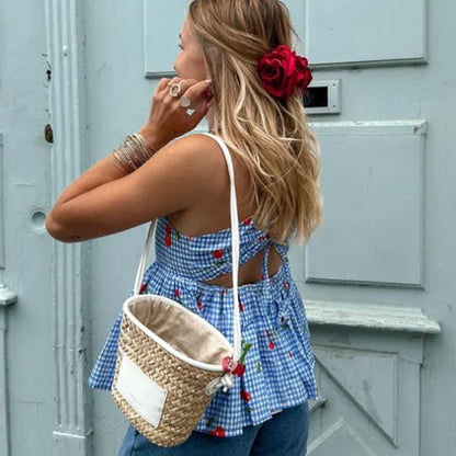 Backless Tie Up Crop Tops Cherry Plaid Print Peplum Camisole Summer Holiday Sweet Cute Milkmaid Tank Vest Y2K Clothes