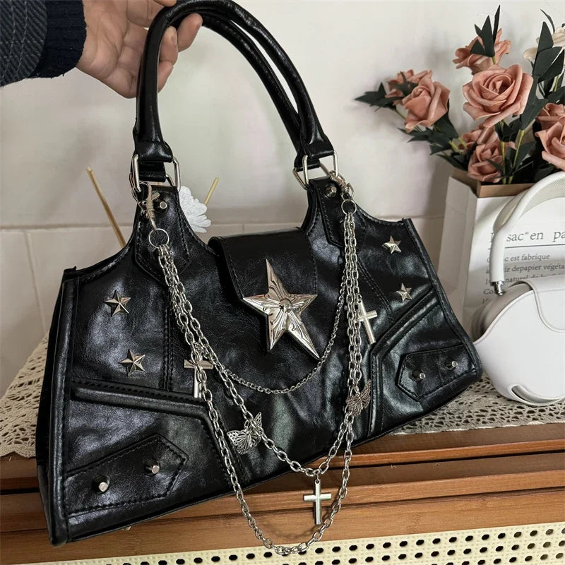 Black Large Capacity Shoulder Bag Y2K Style Crossbody Bag pu Leather Casual Fashion Star Chain Punk Bag