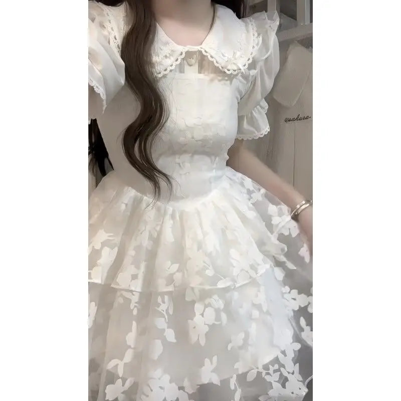 Lolita cute girl sweet little fresh lace splicing doll collar blouse mesh halter tutu skirt set