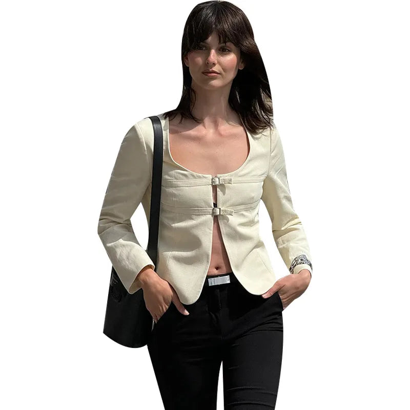 Women's Casual Lace Up Top White Denim Jacket Metal Buckle Hollow V Neck Long Sleeved Loose Solid Color Women's Top