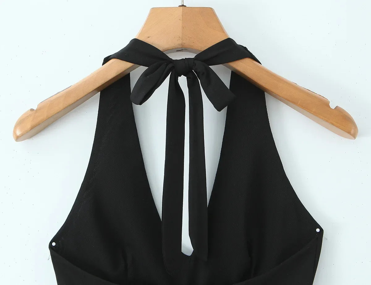 Halter Neck Camisole Polka Dot Skirt Set Women's Summer Sexy Fashionable Personality Neckband Backless Beach Vacation Black Set