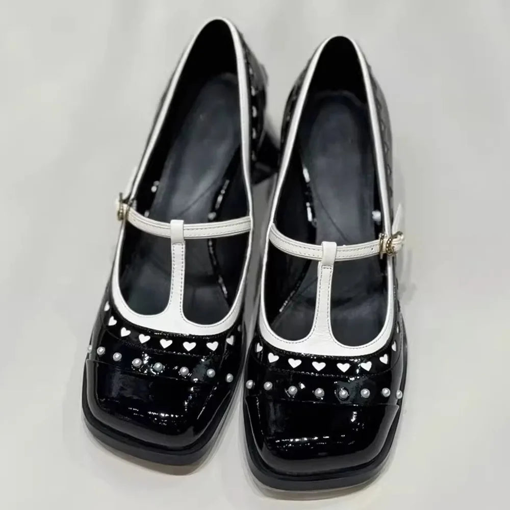 Spring Square Toe Strange Heels Mary Janes Shoes Rivet Goth Buckle Women Pumps Punk Cosplay Shoes High Quality