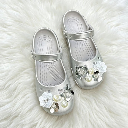 Ballet dancing shoes hole shoes spring new one-pedal hollow silver camellia sandals lazy shoes