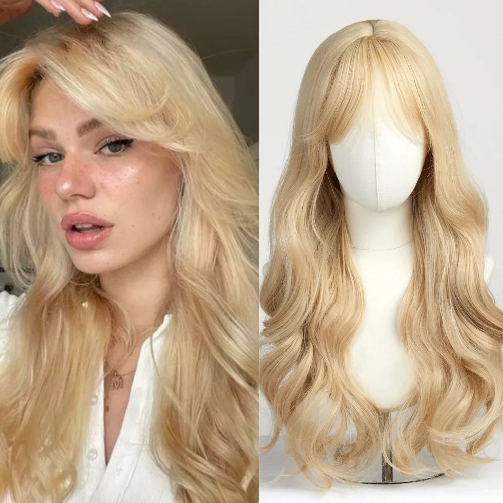 Ombre Blonde Wig with Bangs Long Wavy Wig for Women Highlight Platinum Curly Synthetic Wig Cosplay Party Daily Heat Resistant