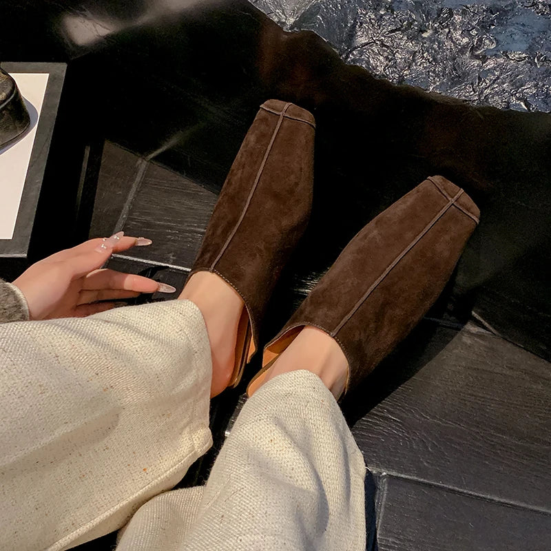 New Genuine Kid Suede Low Heels Slippers Women Covered Toe Natural Leather Casual Slippers Female Daily Walk Slippers