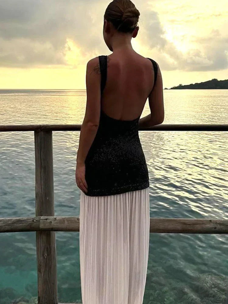 Sequin Bodice Pleated Contrast Skirt Sleeveless Maxi Dress