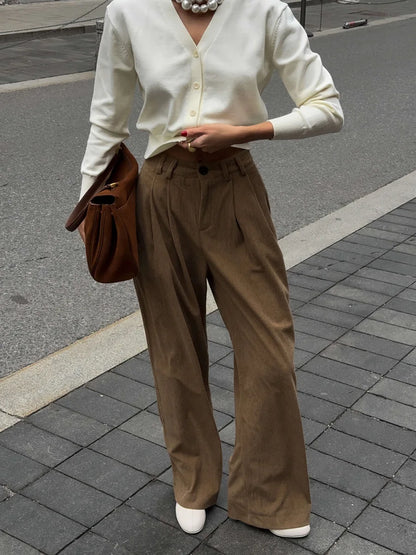 Women's New Wide Leg Pants 100% Cotton Loose Fit Drapey Trendy Waist Autumn Winter Fashion Trousers
