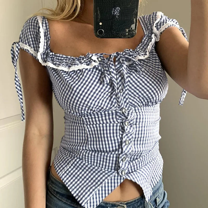 Sweet and spicy retro lace lace patchwork check shirt French daily basic cinched waist style school square neck top