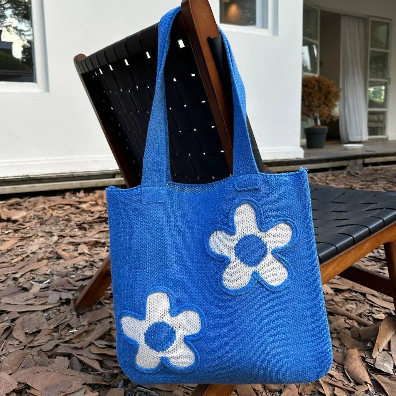 Fashion Sweet Kawaii Flower Shoulder Underarm Bag High-capacity Y2k All Match Handbags Women Knitted Casual Shopping Tote Bags