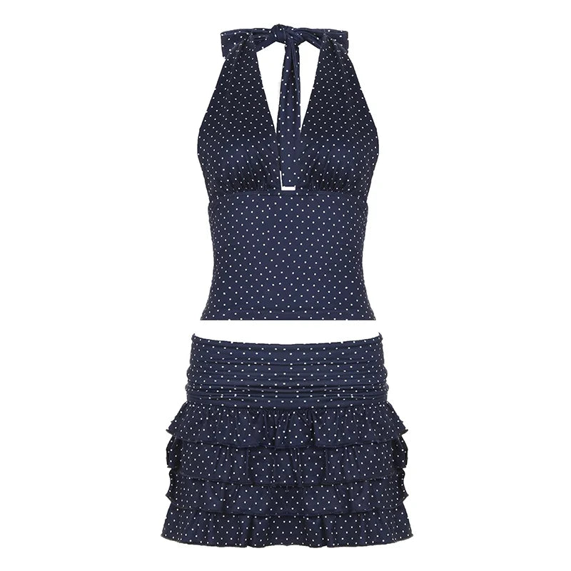 Dot Print V-neck Halter Camisole Top and A-line Layered Skirt Suit Fashion Sexy Women Backless Summer Two Piece Set