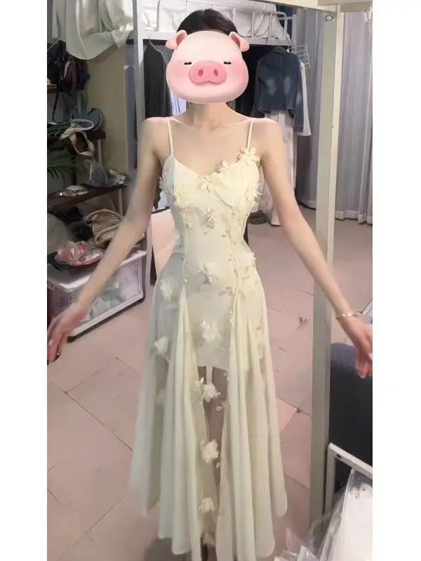 Unique Beautiful 3D Flower Lace Strapless Long Dress Women's Summer Fashion Waist Cinched Gown Holiday Style Citywalk Dress