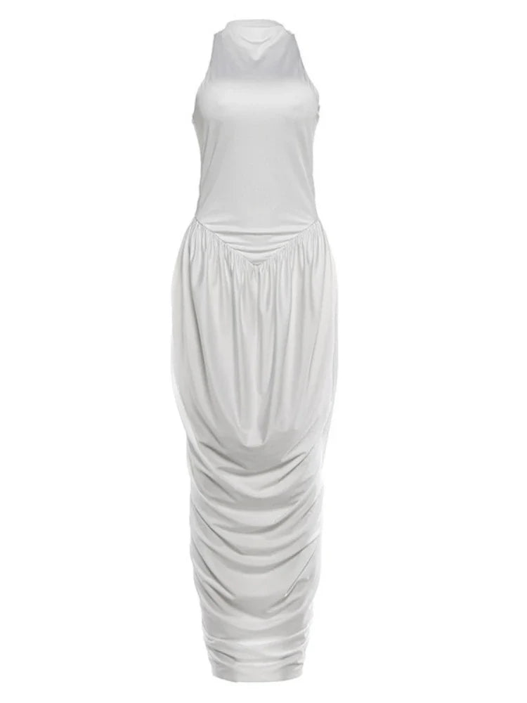 Fashionable White Tank Dress Women Summer Elegant O Neck Sleeveless Patchwork Pleated Long Dress Female Summer Outfit