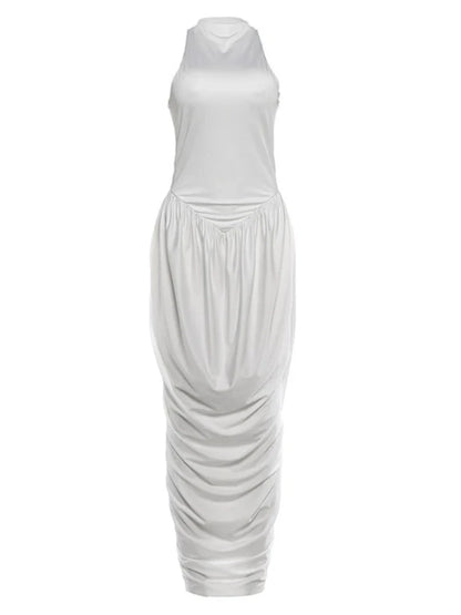 Fashionable White Tank Dress Women Summer Elegant O Neck Sleeveless Patchwork Pleated Long Dress Female Summer Outfit