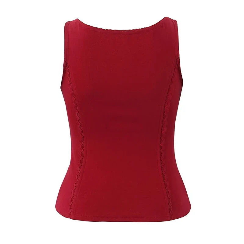Red White Slim Tank Top Women Sleeveless O Neck Lace Spliced Summer Crop Top Streetwear ropa de mujer