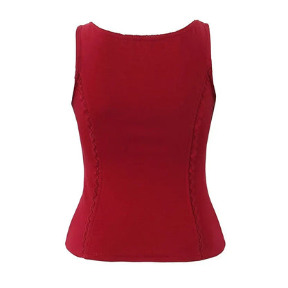 Red White Slim Tank Top Women Sleeveless O Neck Lace Spliced Summer Crop Top Streetwear ropa de mujer