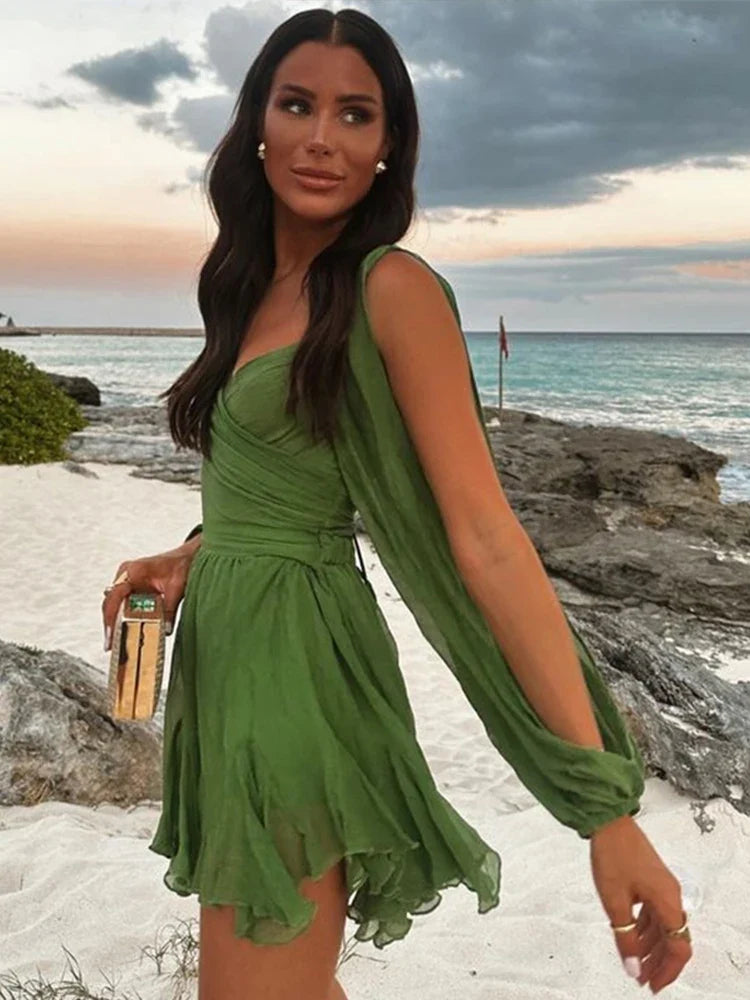 Sexy V Neck Solid Womens Dresses Pleated Hollow Out Backless Lady Dress 2024 Summer Beach Long Sleeve Casual Lady Vestidos