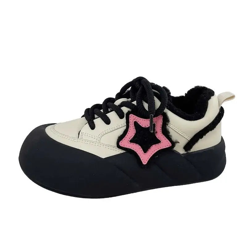 Women Patchwork Sneakers Cute Lilac Star Shoes Thick Heel Warm Fluffy Sneakers Casual Running Platform Y2K Kawaii Sports Shoes