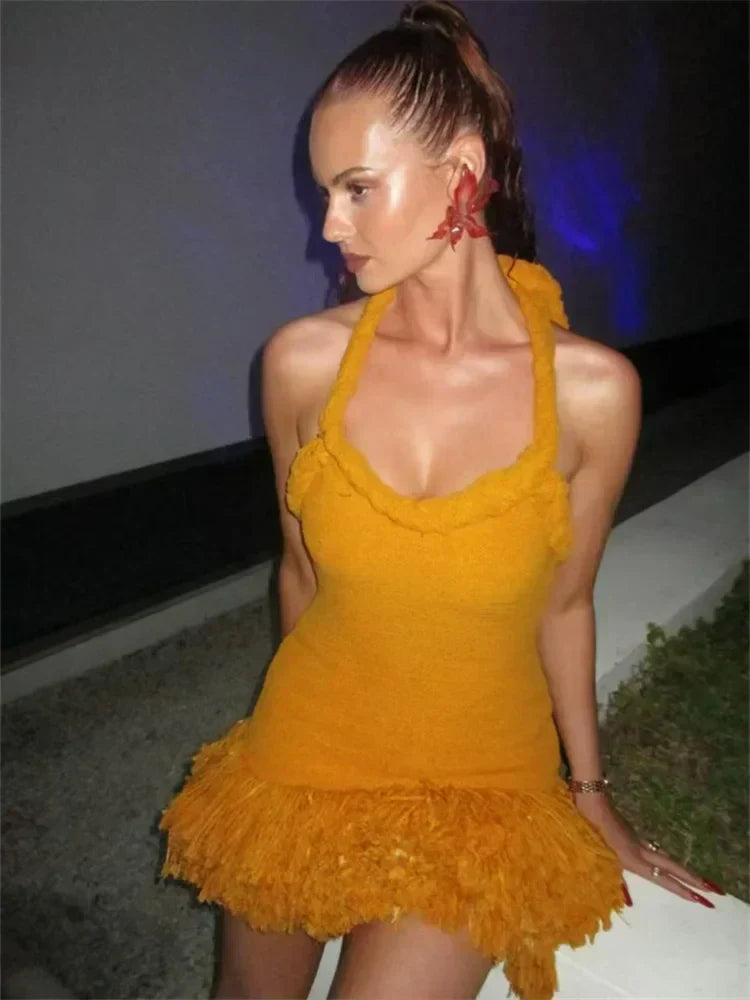 Halter Braided Neck Fringe Hem Boucle Mini Dress