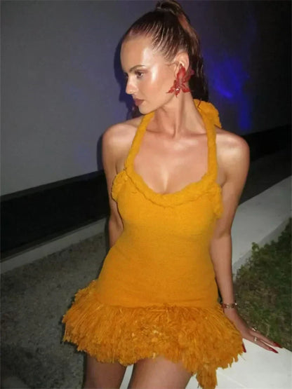 Halter Braided Neck Fringe Hem Boucle Mini Dress