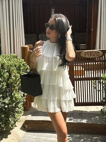 Women White Stacked Ruffle Mini Dress Elegant O-neck Sleeveless Backless A-line Halter Dresses 2025 Summer Lady Beach Vestido