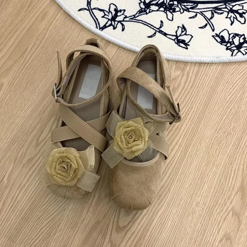 New Fashion Flower Square Toe Shallow Shoes Women Buckle Vintage Suede Autumn Women's Party Comfort Ballerinas Shoes