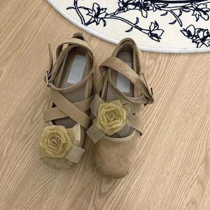 New Fashion Flower Square Toe Shallow Shoes Women Buckle Vintage Suede Autumn Women's Party Comfort Ballerinas Shoes