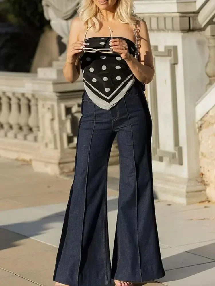 Women's Flared Pants New Autumn Fashion Imitation Denim Jeans High Waisted Loose Fit Split-Joint Casual Trousers