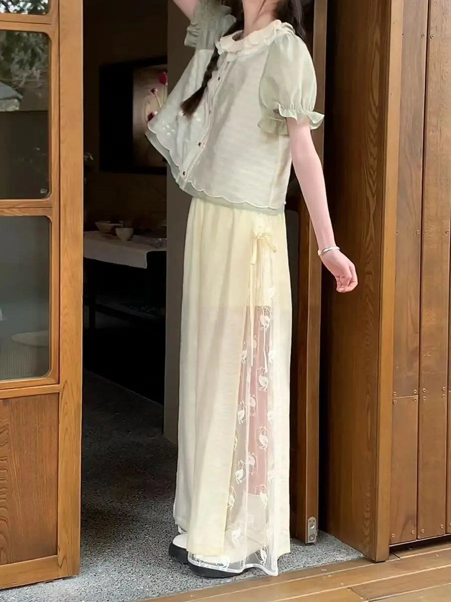 Cream Patched Lace Wide Leg Pants Cat Embroidered Chinese Style Sweet Short Sleeve Blouses Summer Two Piece Set Women Outfits