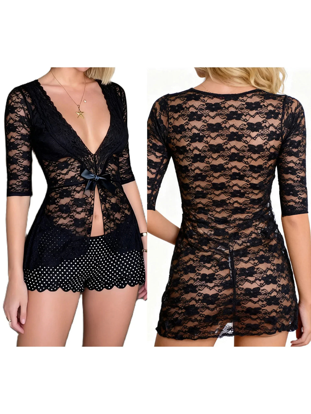 Women Lace Trimmed Satin Robe and Nightgown Set Sleeveless V-neck Chemise with Matching Shorts Sleepwear Set